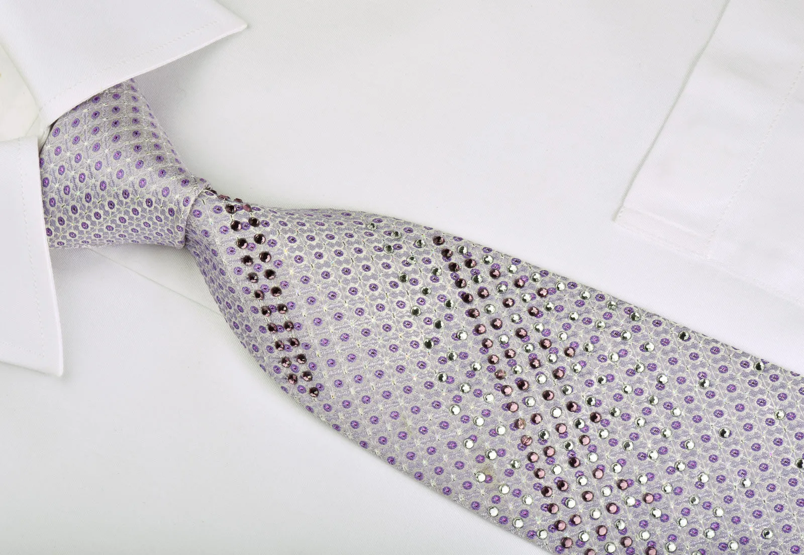 Grand Jour Rhinestone Silk Necktie Purple Dots On Mauve With Silver Sparkles