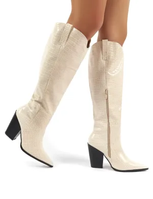 Grenade Beige Croc Western Heeled Knee High Boots