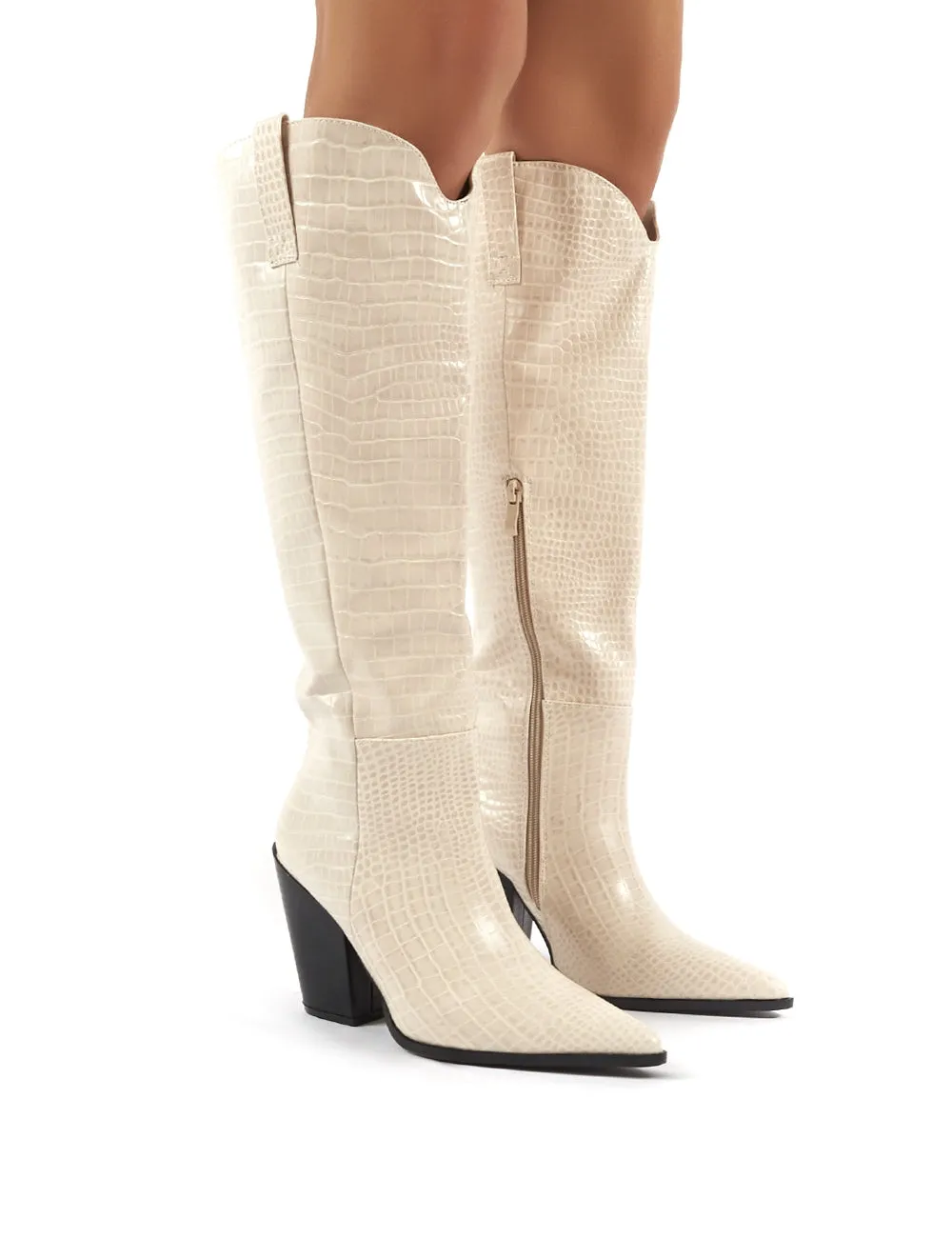 Grenade Beige Croc Western Heeled Knee High Boots