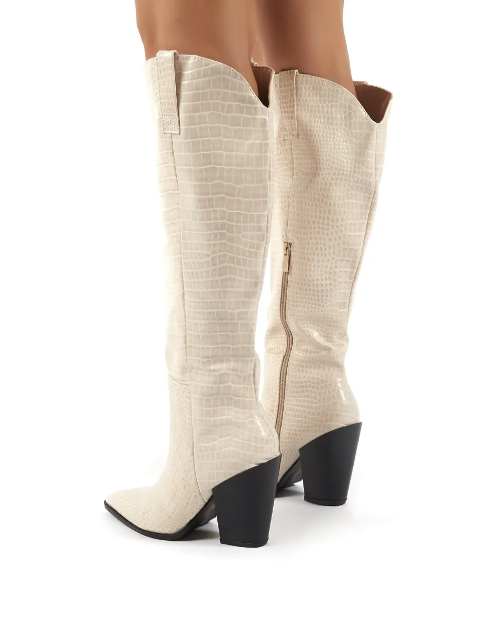 Grenade Beige Croc Western Heeled Knee High Boots