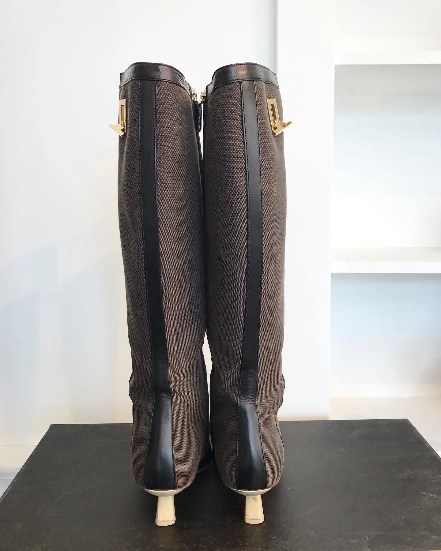 GUCCI Canvas Leather Pointed Toe Knee-High Boots