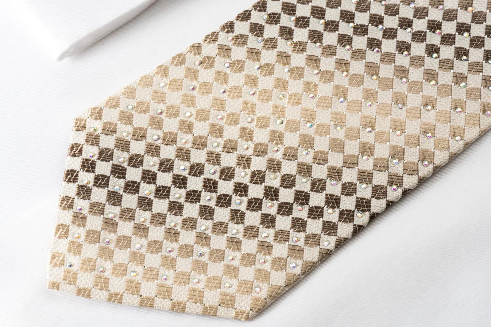 Guy Laroche Silk Rhinestone Necktie Brown Checker On Beige With Silver Sparkles