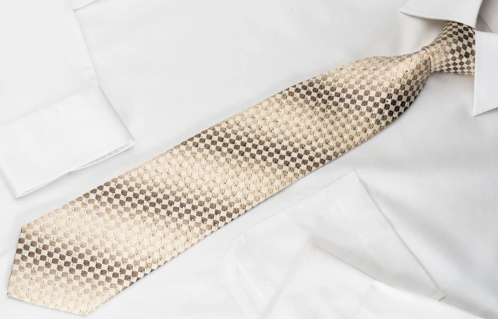 Guy Laroche Silk Rhinestone Necktie Brown Checker On Beige With Silver Sparkles