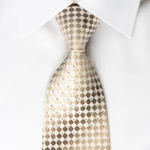 Guy Laroche Silk Rhinestone Necktie Brown Checker On Beige With Silver Sparkles