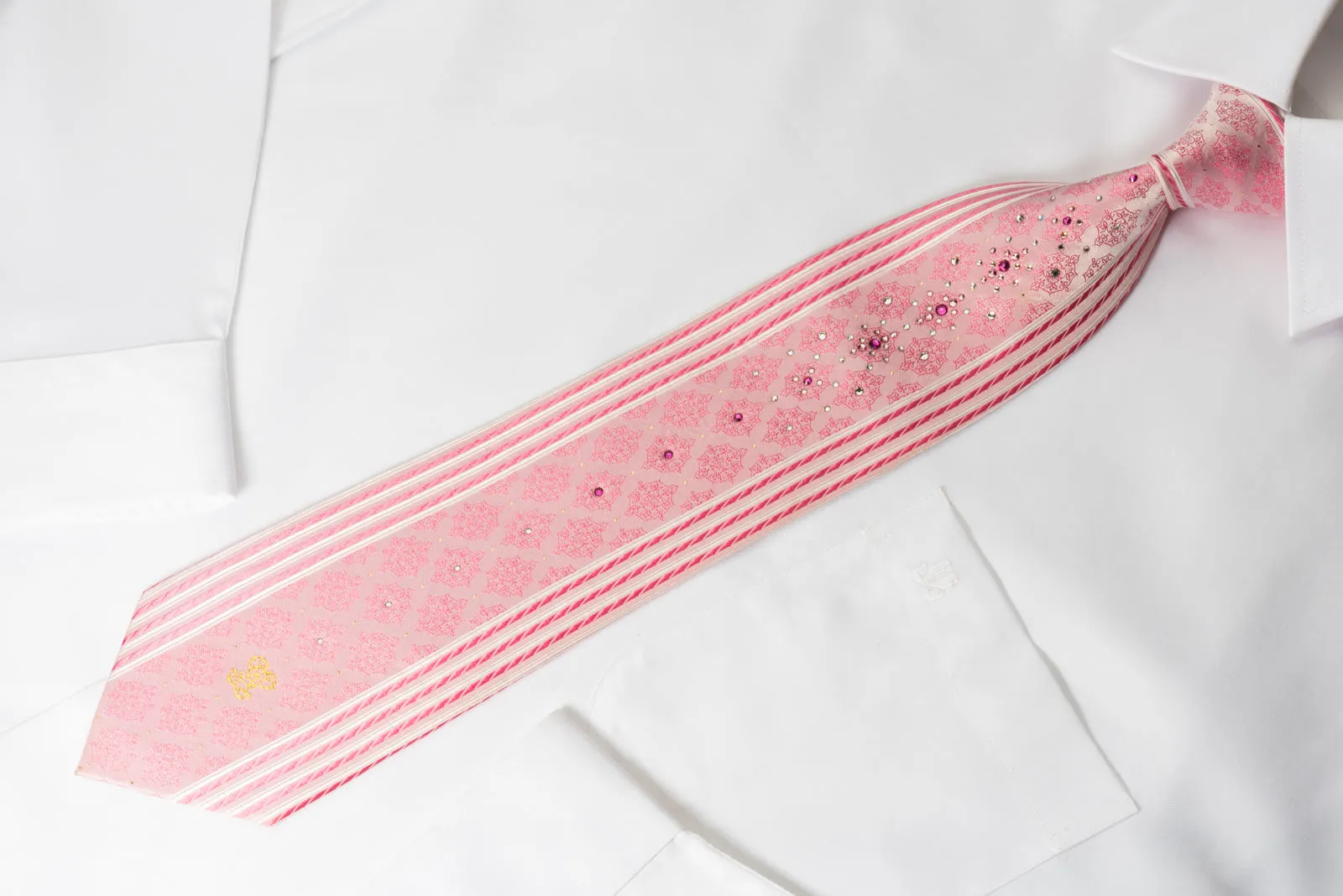 Guy Laroche Silk Rhinestone Necktie Cartouche Stripes On Pink With Silver Sparkles