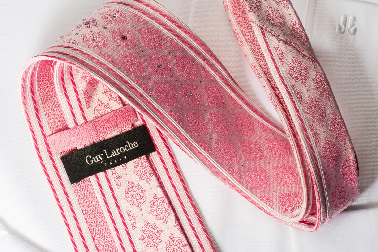 Guy Laroche Silk Rhinestone Necktie Cartouche Stripes On Pink With Silver Sparkles