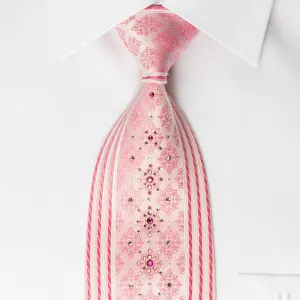 Guy Laroche Silk Rhinestone Necktie Cartouche Stripes On Pink With Silver Sparkles