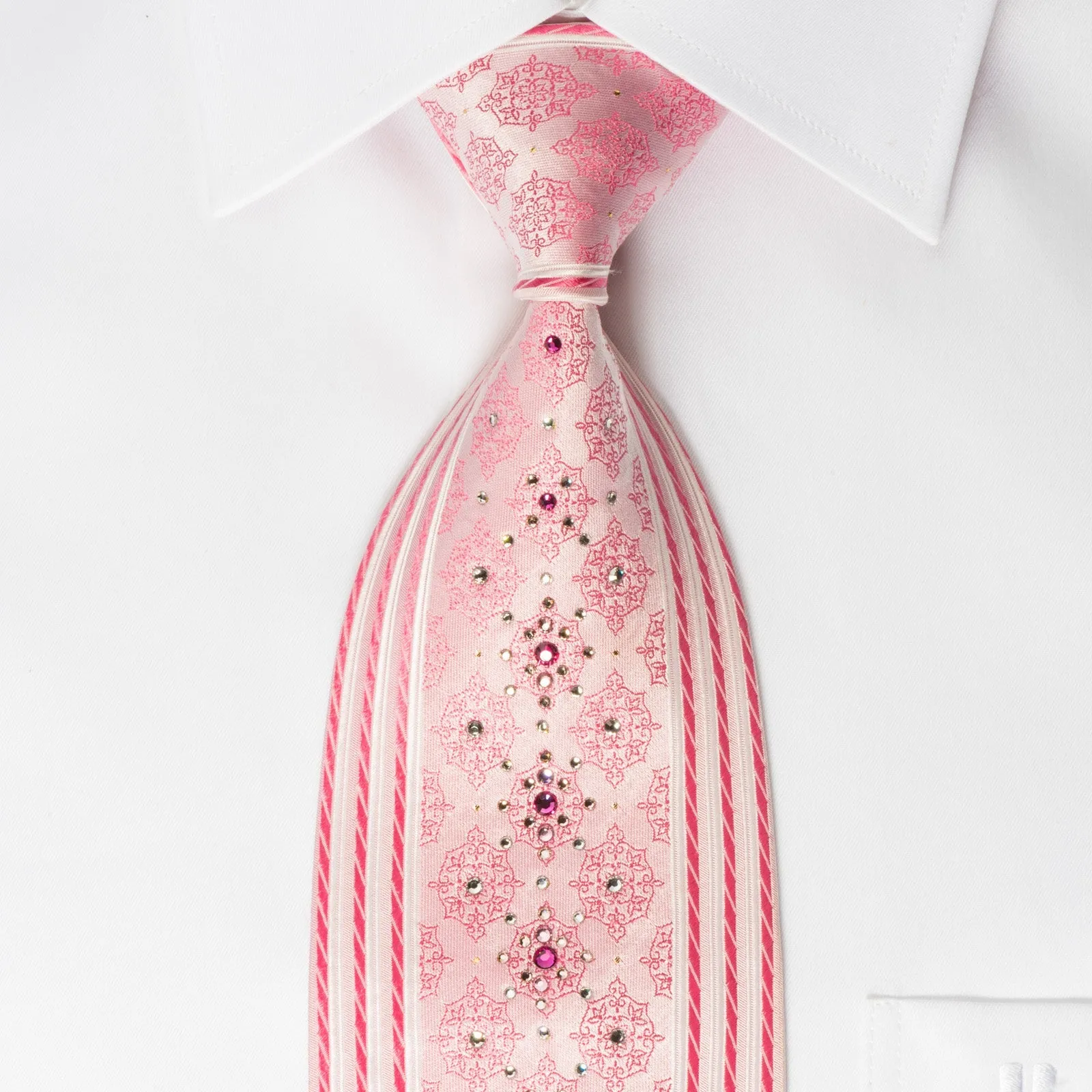 Guy Laroche Silk Rhinestone Necktie Cartouche Stripes On Pink With Silver Sparkles