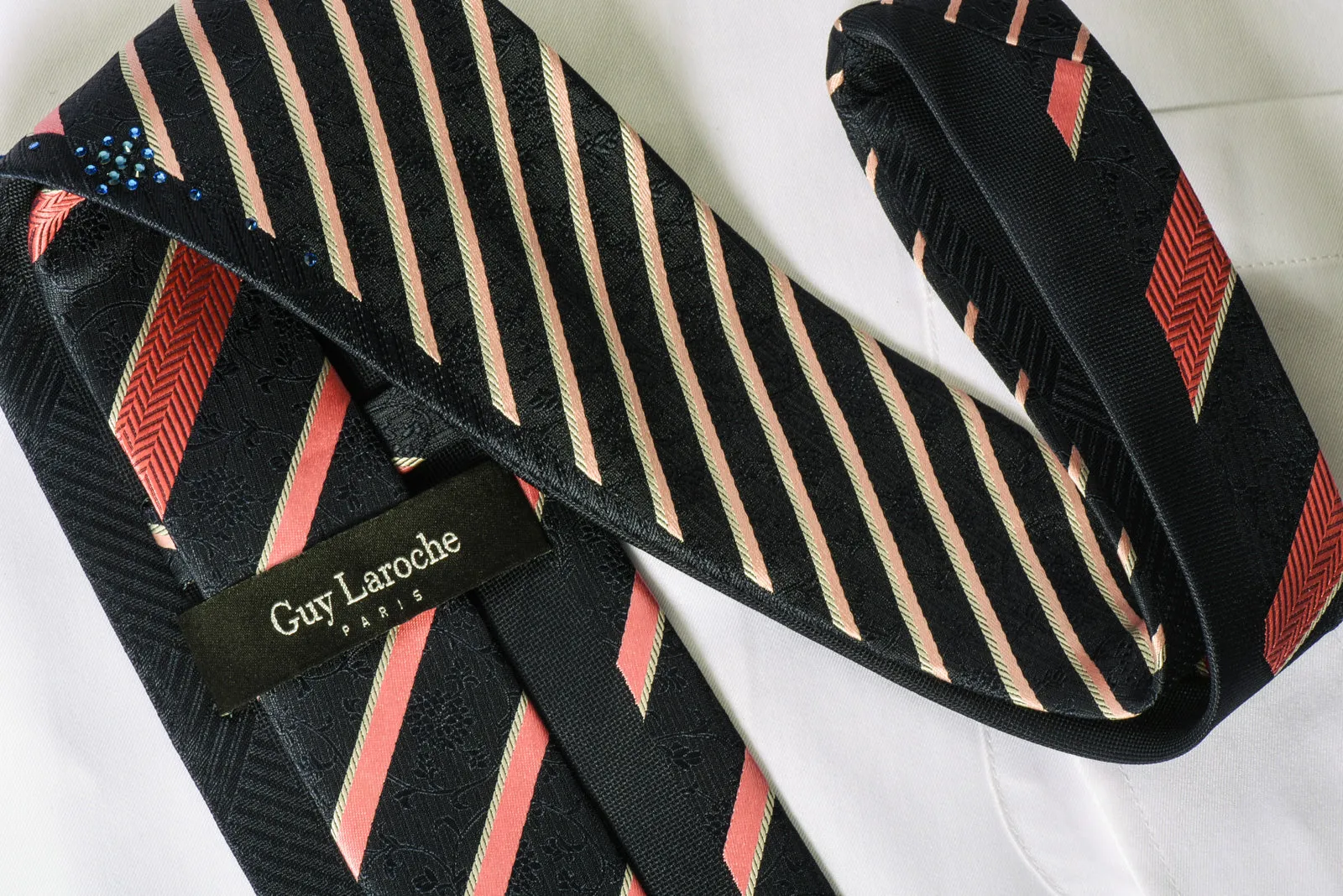 Guy Laroche Silk Rhinestone Tie Pink Striped On Black