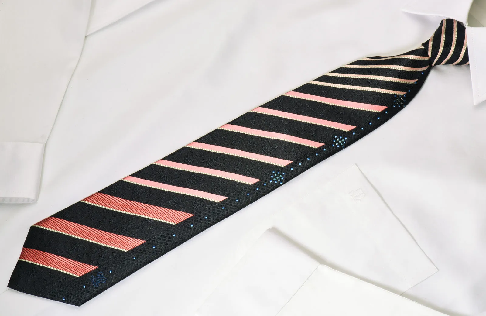 Guy Laroche Silk Rhinestone Tie Pink Striped On Black