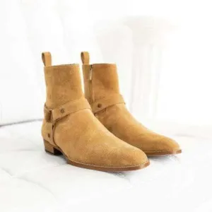 Handmade Men Tan Suede Ankle High Casual Boots, Mens fashion Casual Ankle Boots