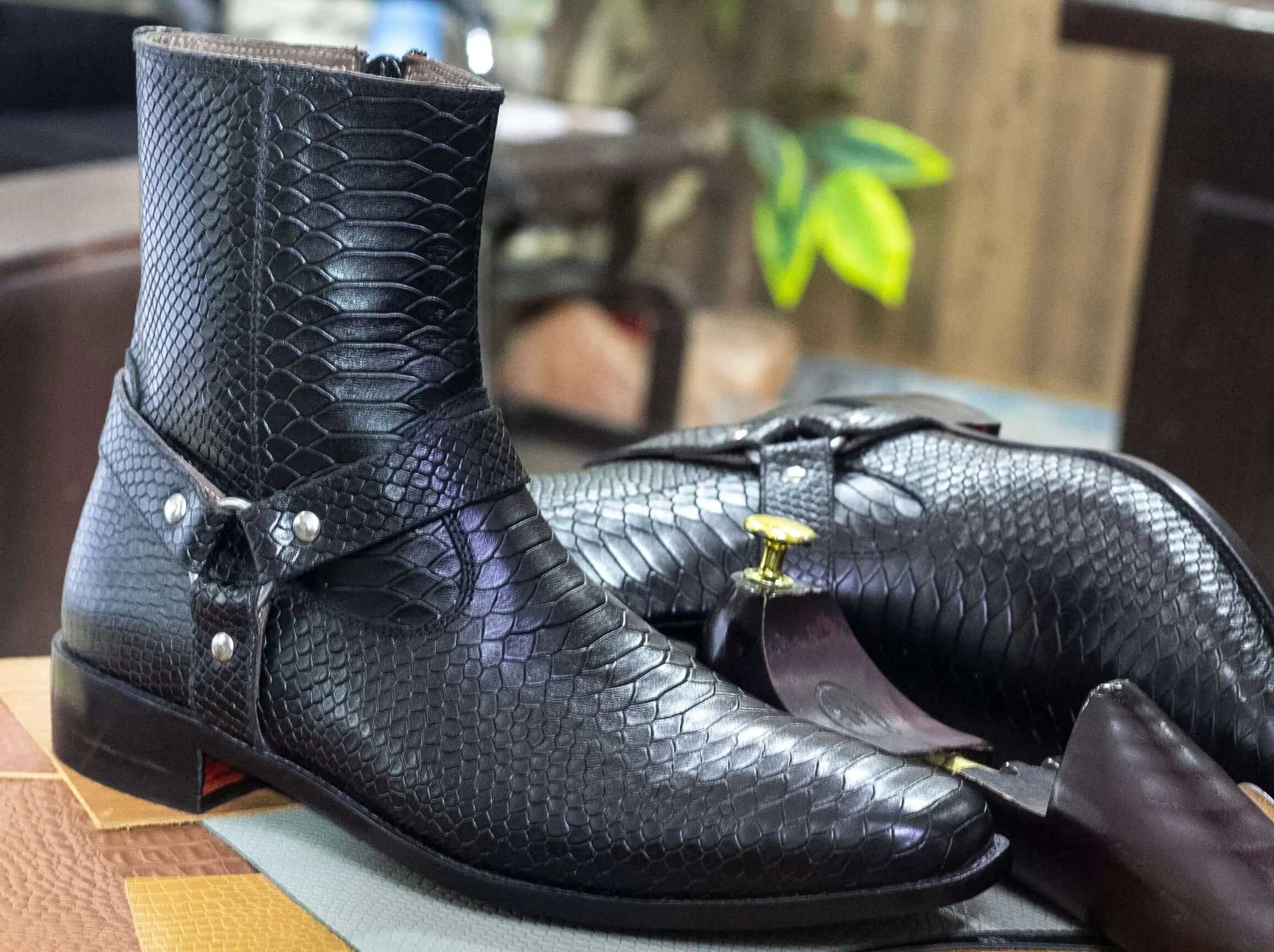 Handmade Python Leather Boot, Men's Classic Boot With Madrid Strap Style Boot