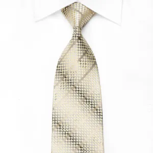 Herbon Men's Crystal Silk Tie Gold Metallic Stripes On Silver Cream Checker