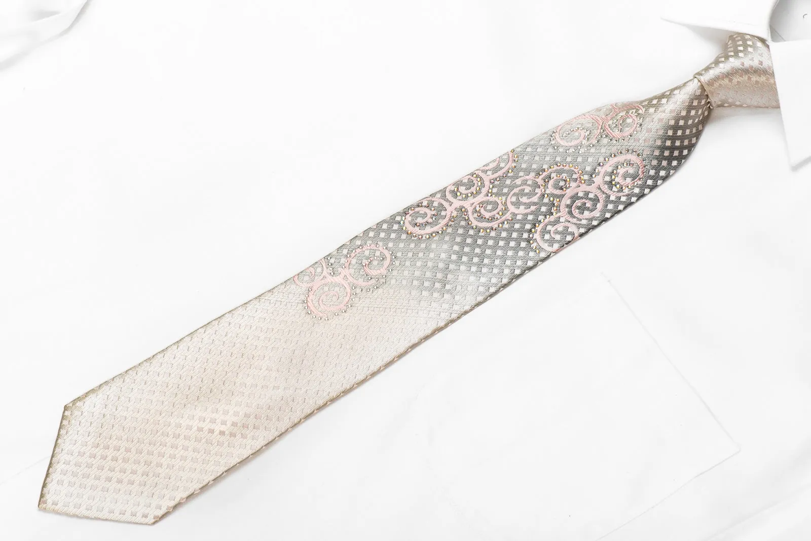 Indian Homme Men's Crystal Rhinestone Silk Necktie Pink Scrolls On Silver