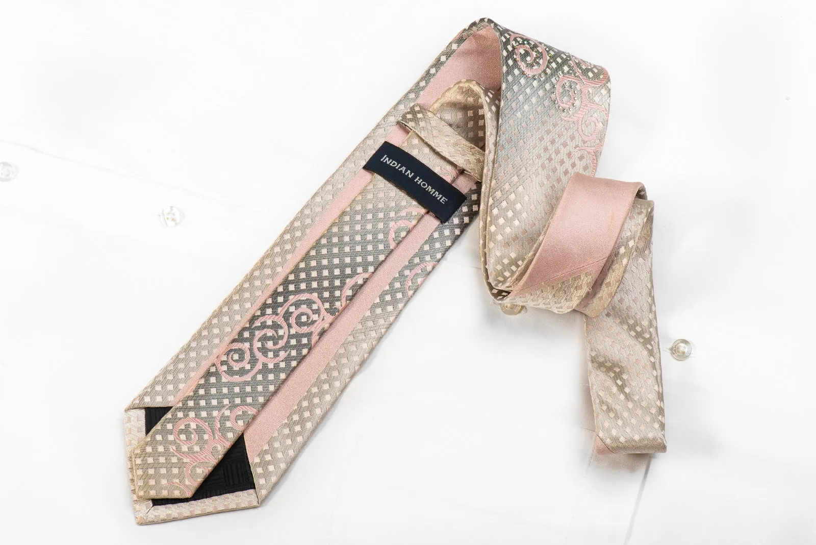 Indian Homme Men's Crystal Rhinestone Silk Necktie Pink Scrolls On Silver