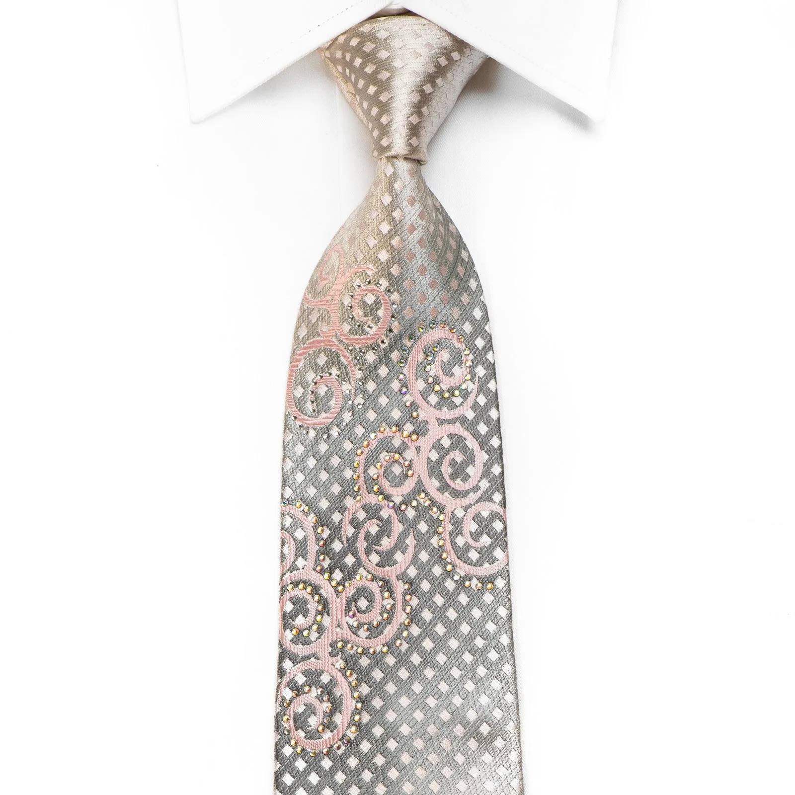 Indian Homme Men's Crystal Rhinestone Silk Necktie Pink Scrolls On Silver