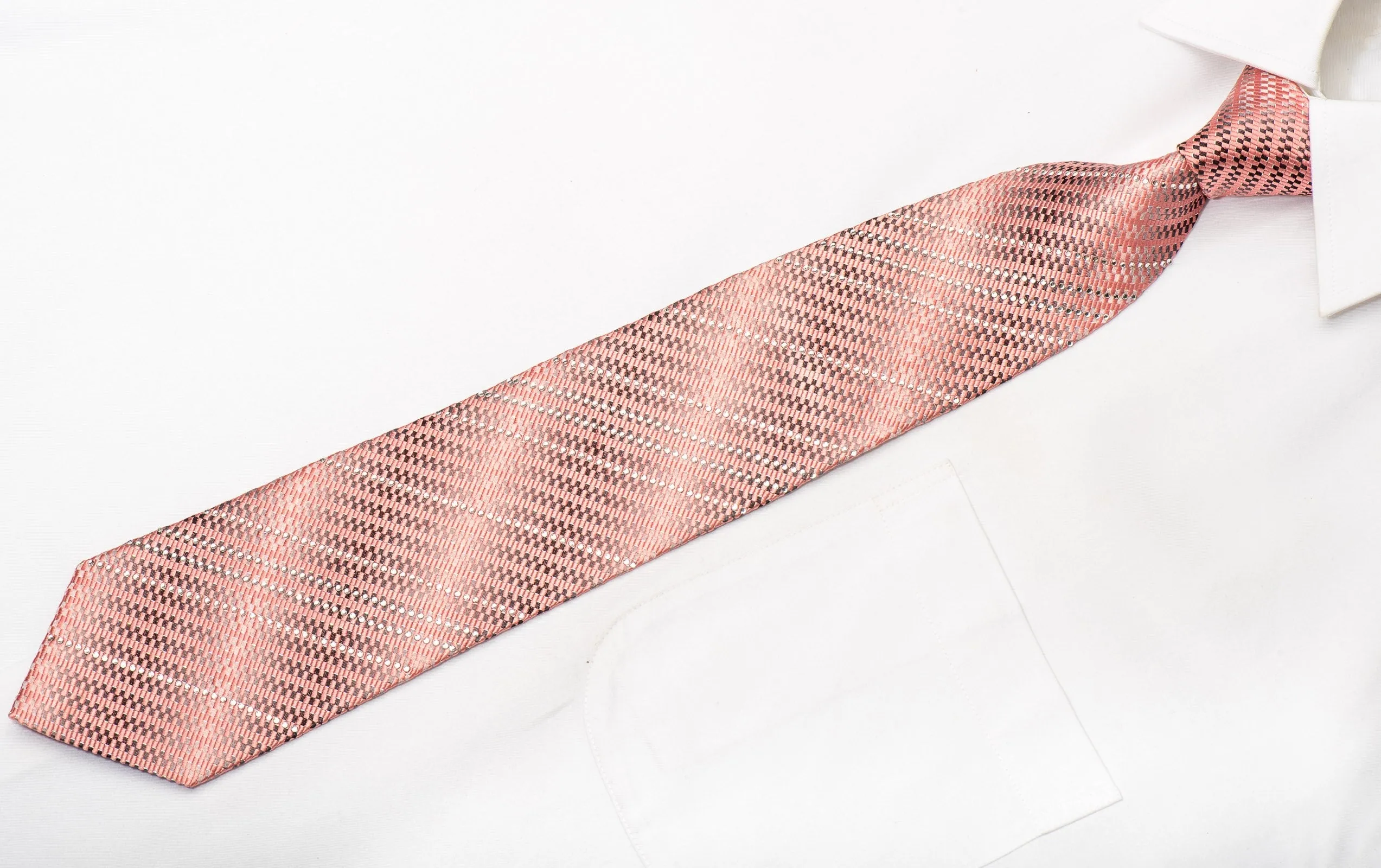 Indian Leaders Men's Silk Necktie Pink Silver Micro Checkered Sparkling With Rhinestones