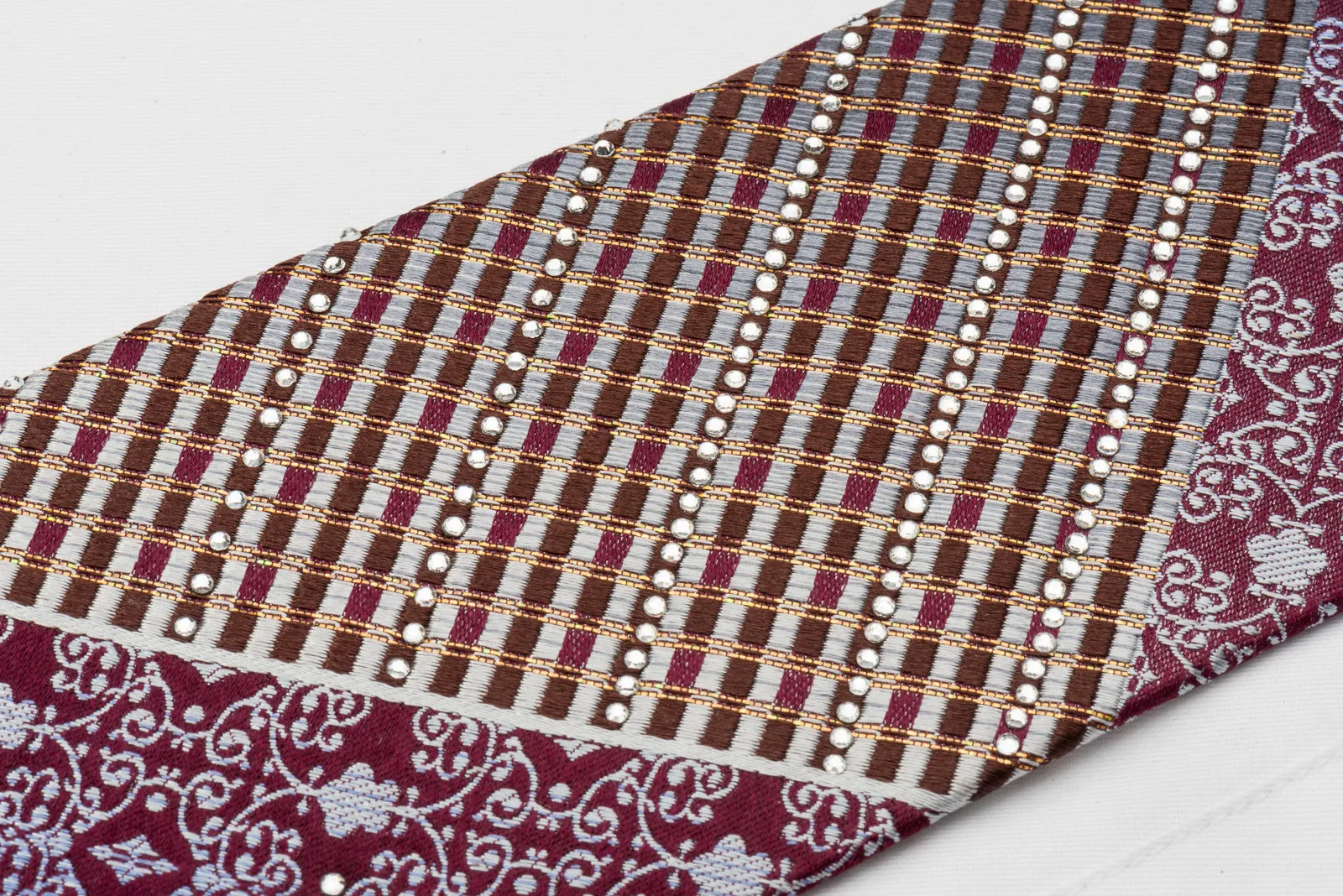 Lancetti Rhinestone Silk Necktie Silver Stripes & Damask On Burgundy With Golden Sparkles