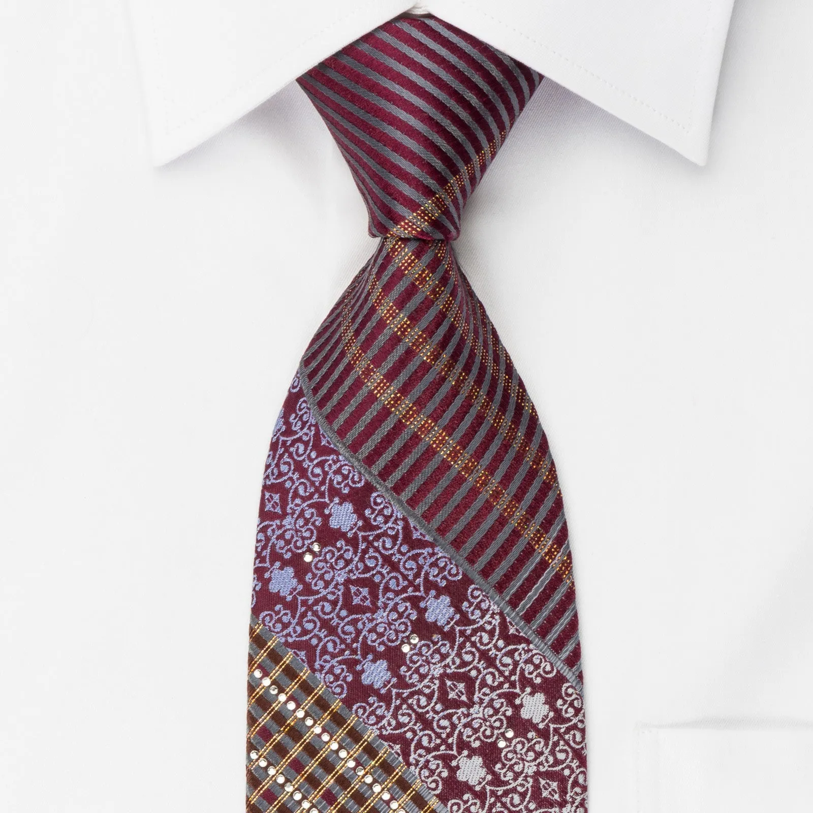 Lancetti Rhinestone Silk Necktie Silver Stripes & Damask On Burgundy With Golden Sparkles