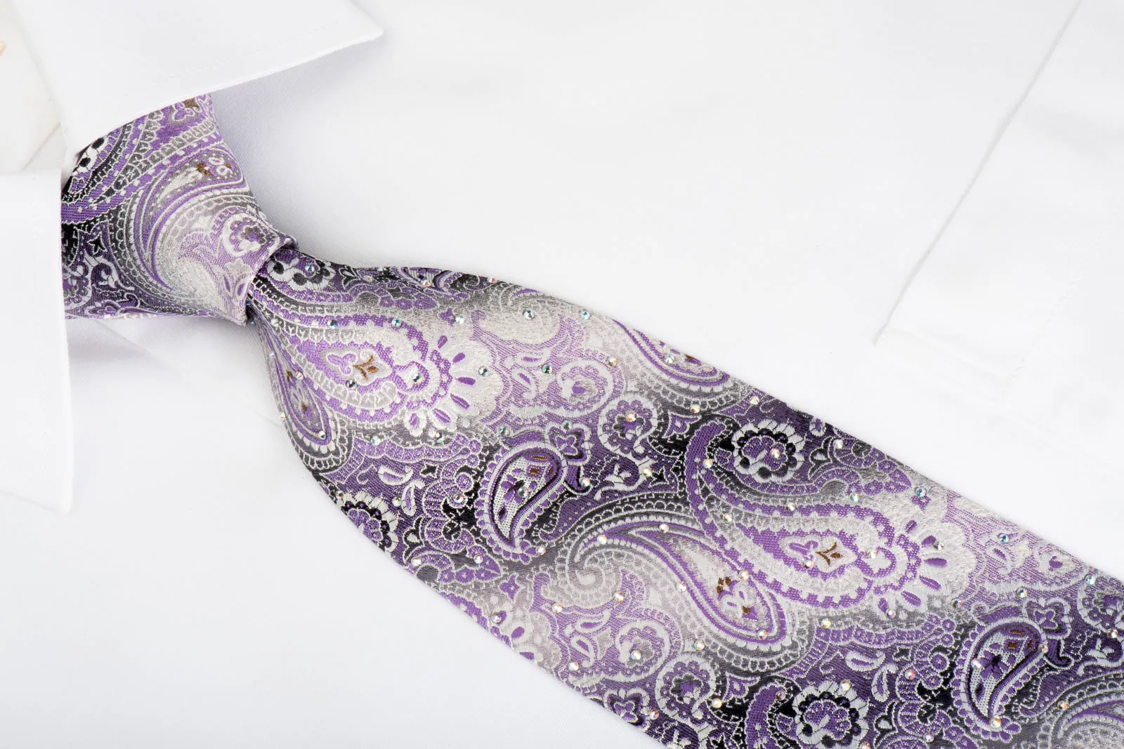 Lancetti Silk Necktie Purple Paisley On Silver With Rhinestones