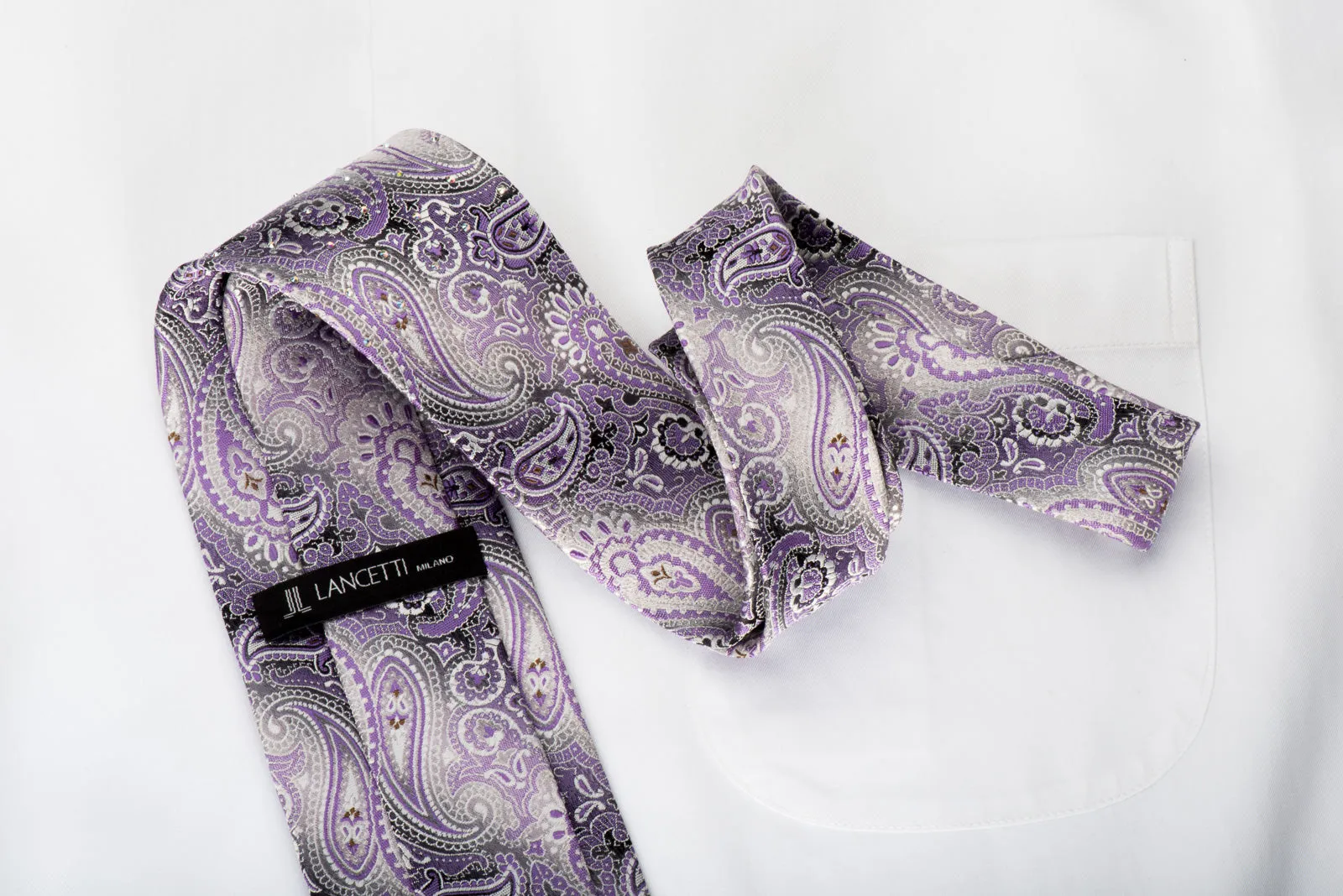 Lancetti Silk Necktie Purple Paisley On Silver With Rhinestones