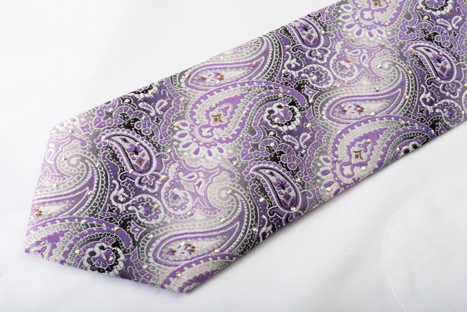 Lancetti Silk Necktie Purple Paisley On Silver With Rhinestones