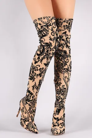 Liliana Fleur De Lis Burnout Velvet Stiletto Over-The-Knee Boots