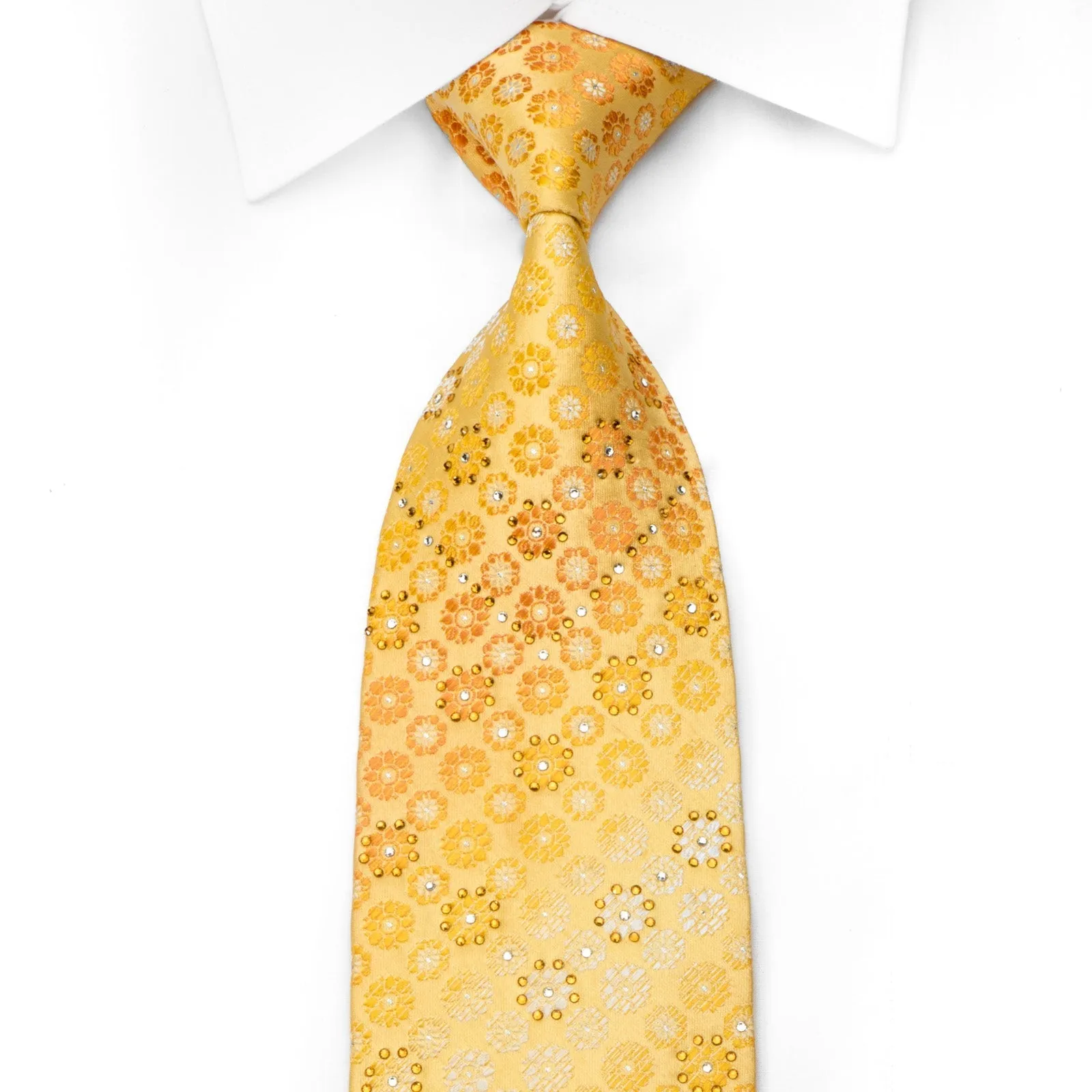 Louis Quatorze Mens Rhinestone Silk Necktie Orange Foulard & Damask On Yellow With Sparkles