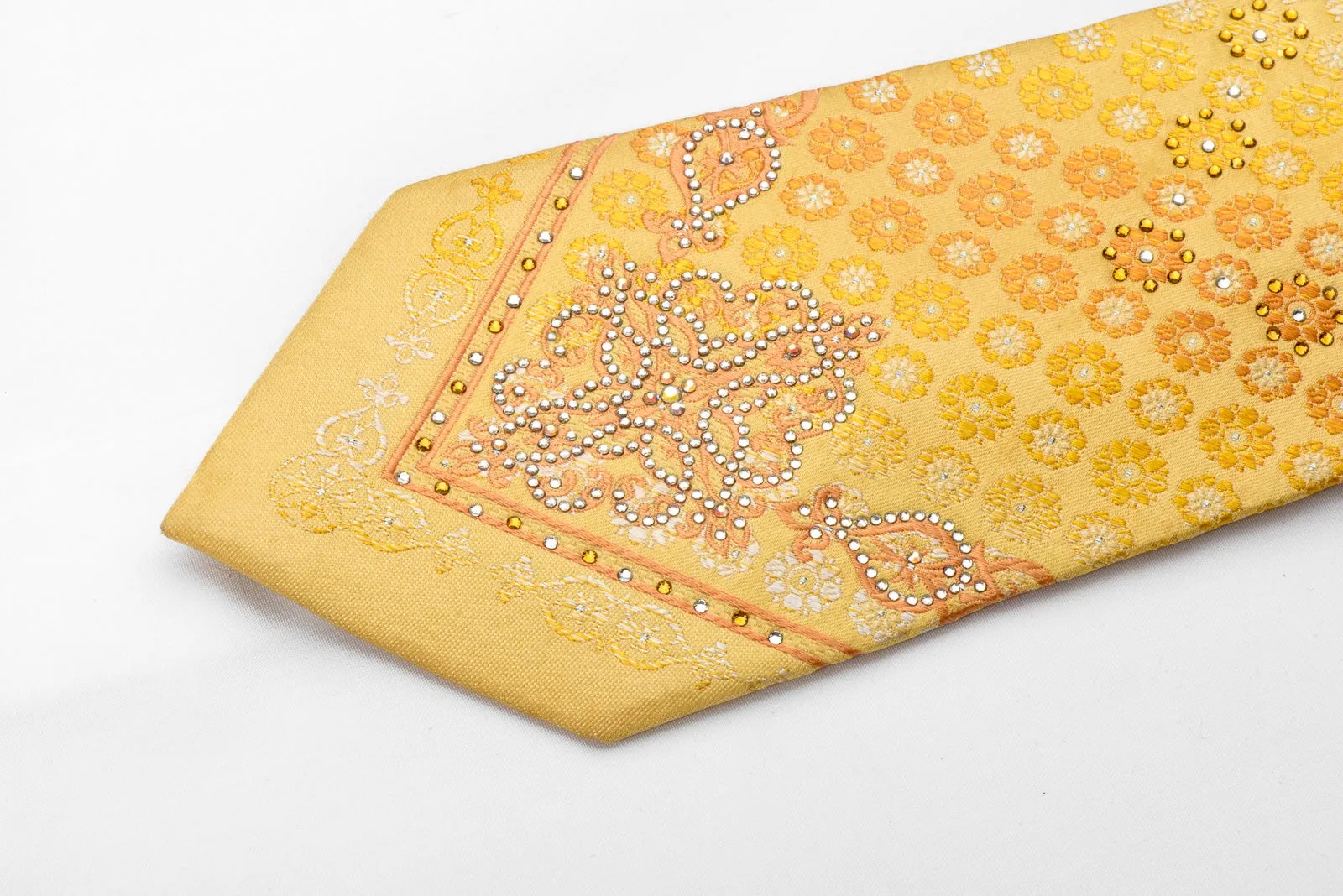 Louis Quatorze Mens Rhinestone Silk Necktie Orange Foulard & Damask On Yellow With Sparkles