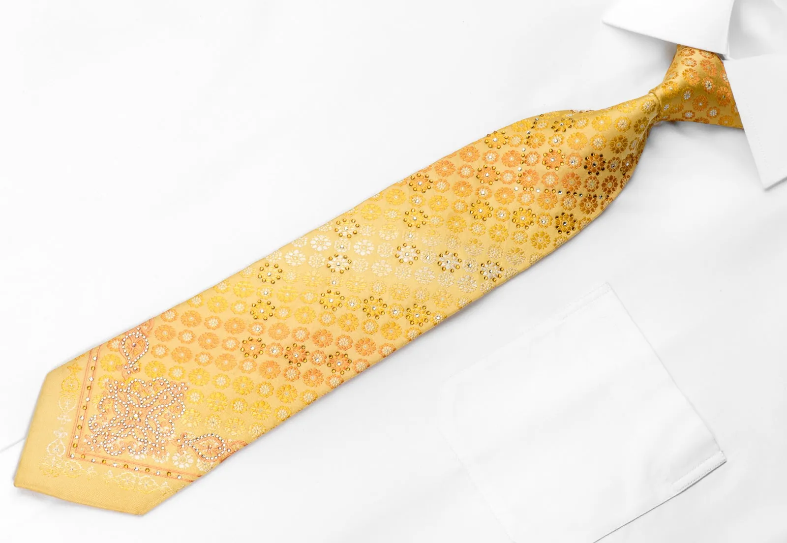 Louis Quatorze Mens Rhinestone Silk Necktie Orange Foulard & Damask On Yellow With Sparkles