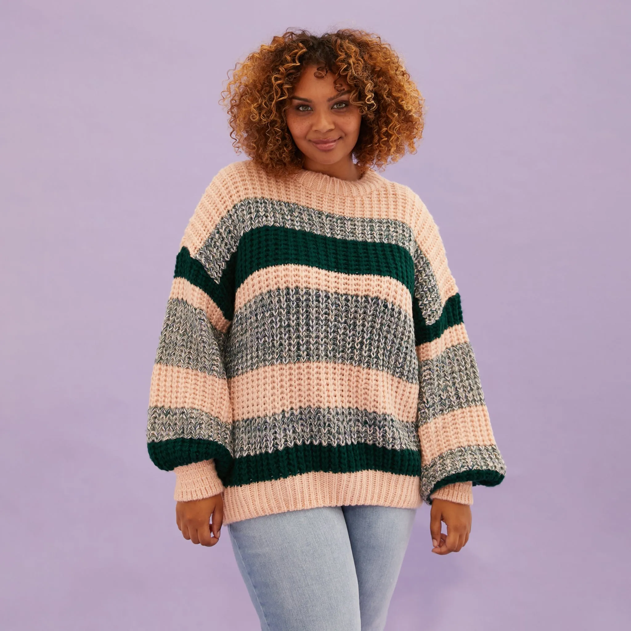 Louise Stripe Balloon Sleeve Jumper - Bottle Green