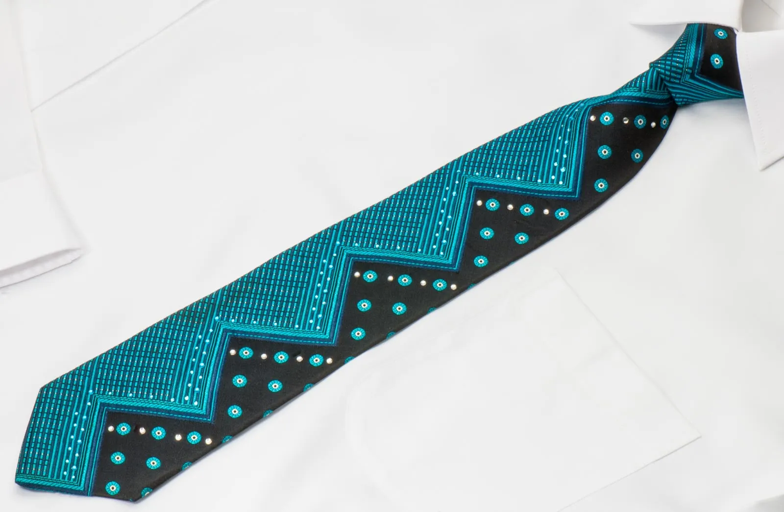 Marie Claire Mens Rhinestone Silk Necktie Turquoise Chevron On Blue With Silver Sparkles