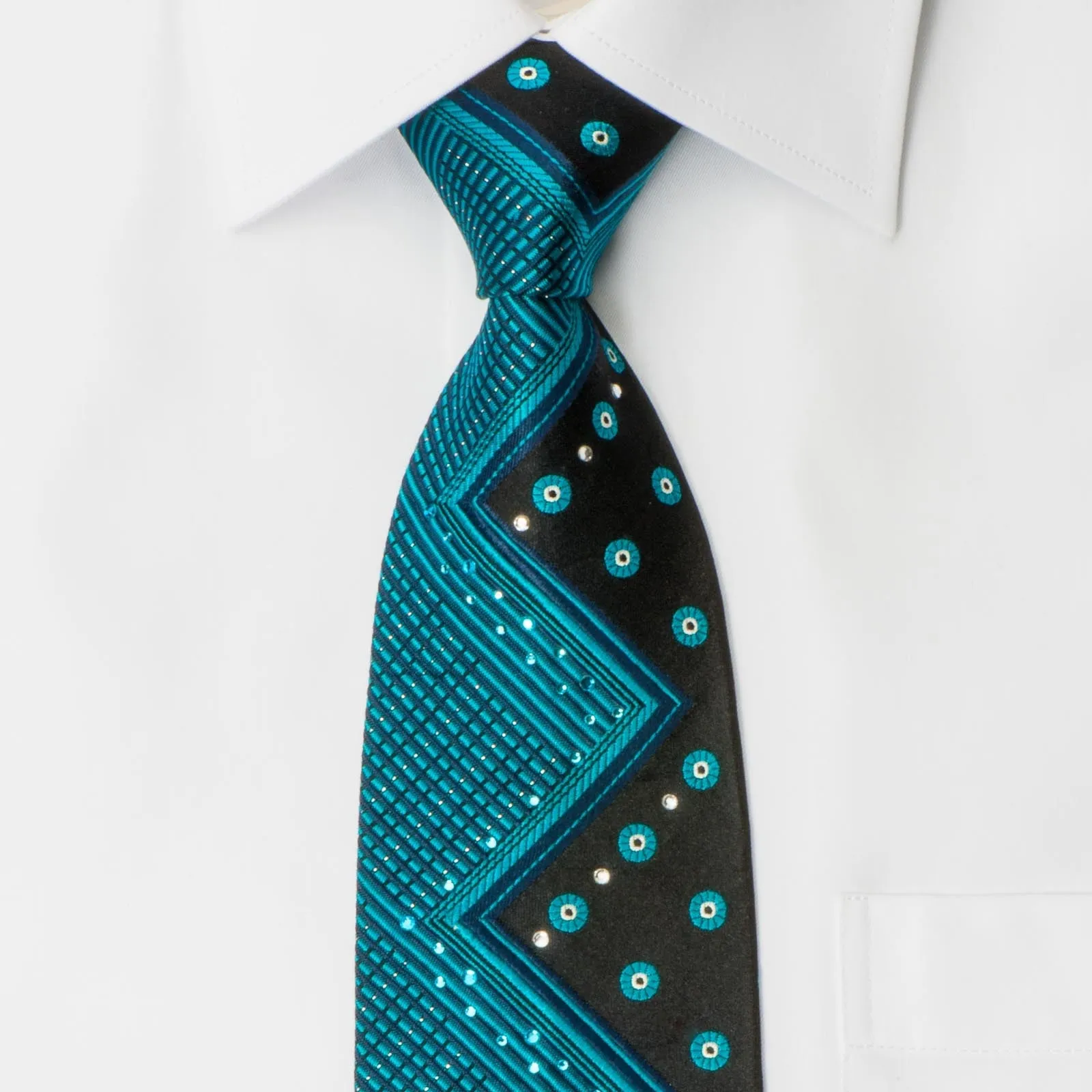 Marie Claire Mens Rhinestone Silk Necktie Turquoise Chevron On Blue With Silver Sparkles