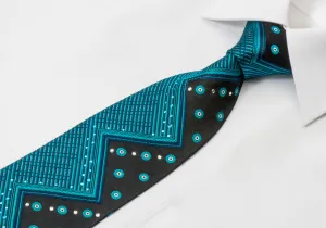 Marie Claire Mens Rhinestone Silk Necktie Turquoise Chevron On Blue With Silver Sparkles