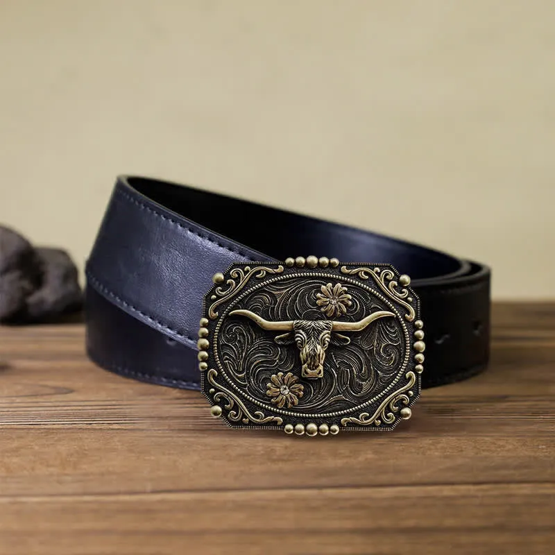 Men's DIY Bull Floral Rhinestone Buckle Leather Belt