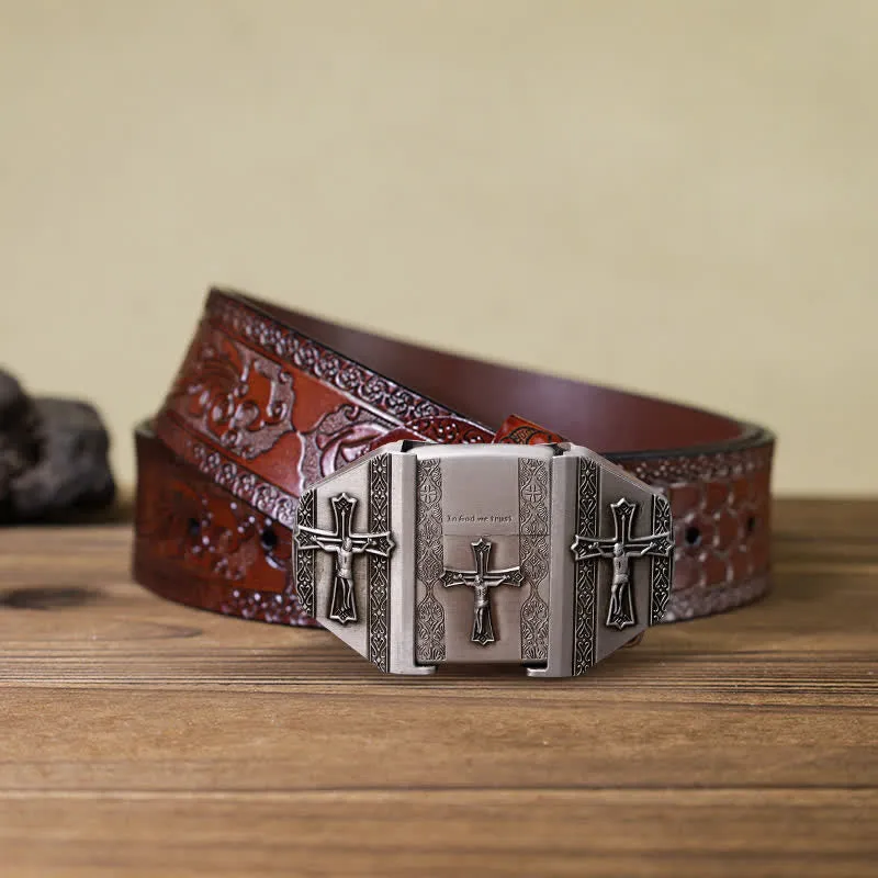 Men's DIY Jesus Cross Leather Belt with Hidden Lighter