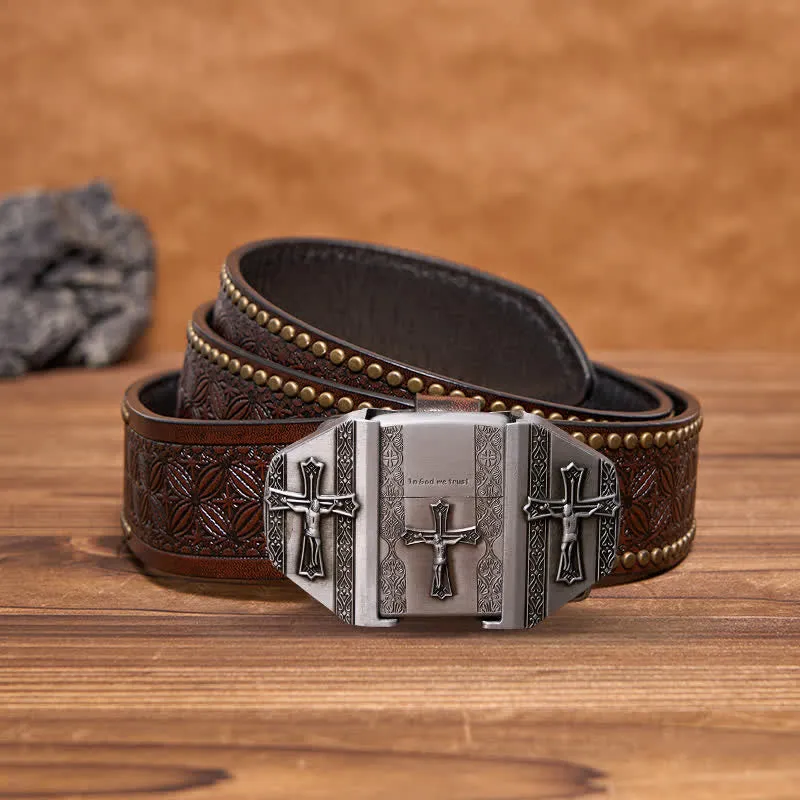 Men's DIY Jesus Cross Leather Belt with Hidden Lighter