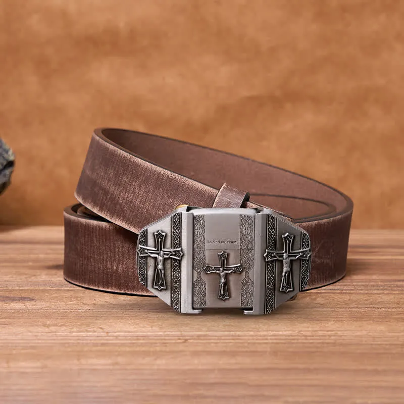 Men's DIY Jesus Cross Leather Belt with Hidden Lighter