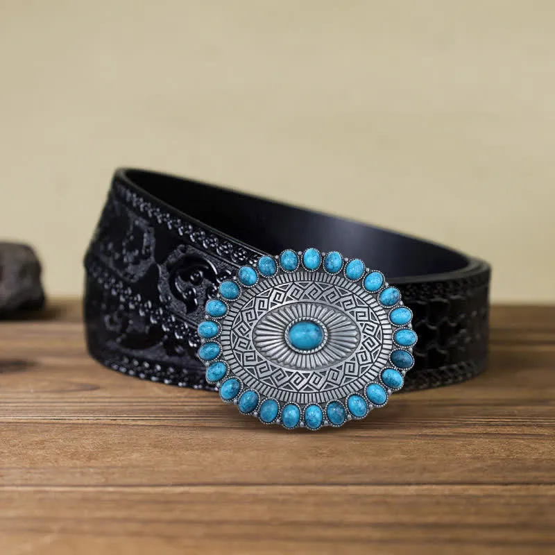 Men's DIY Oval Bohemia Turquoise Buckle Leather Belt