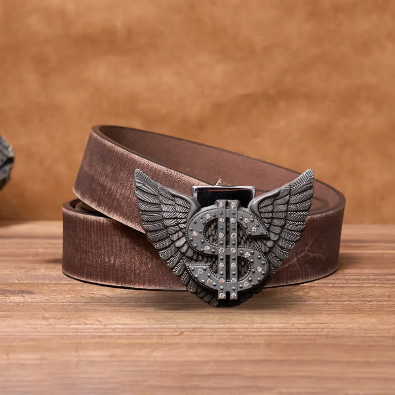 Men's DIY Wings Dollar Sign Leather Belt with Hidden Lighter