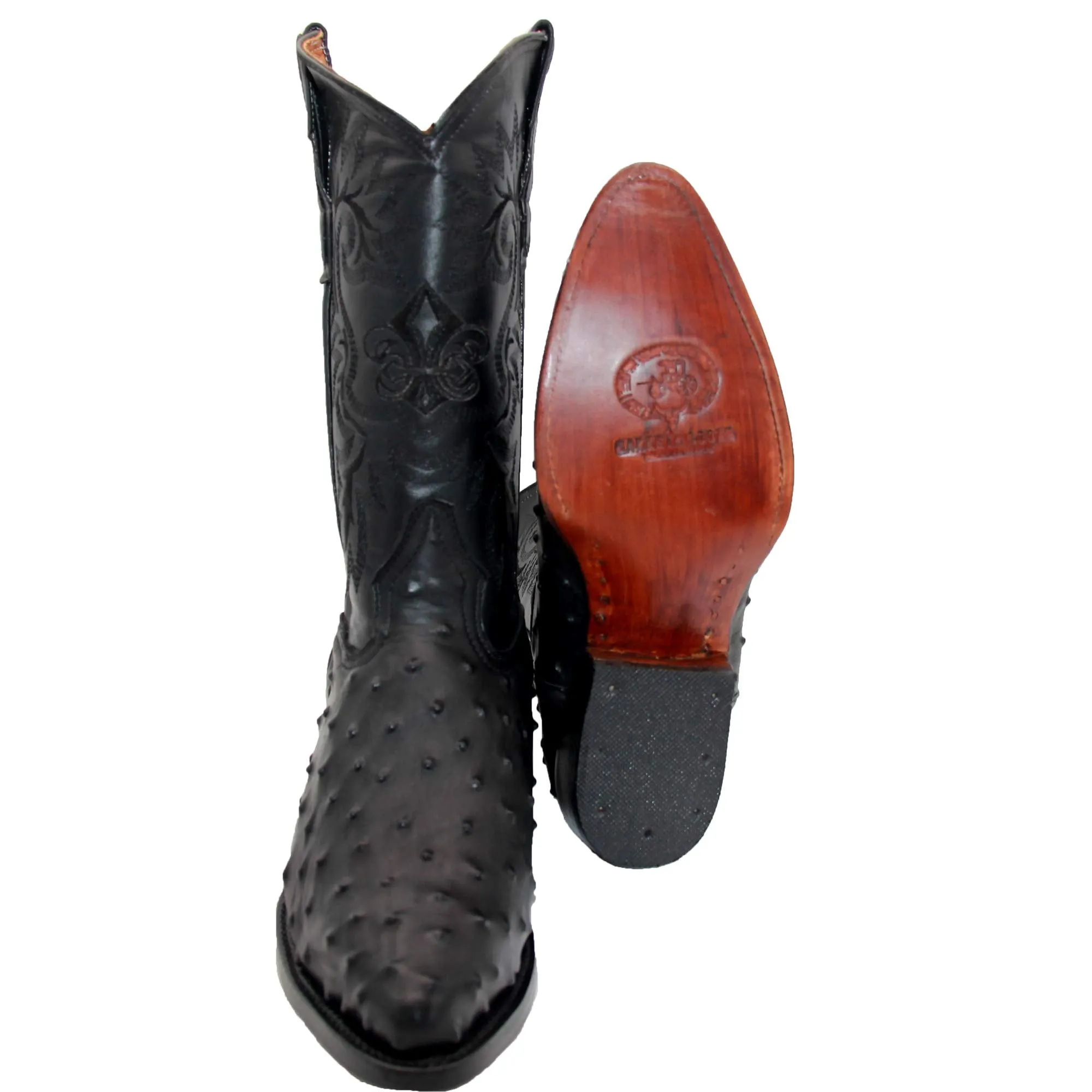 Mens Leather Ostrich Print J Toe Cowboy Boot