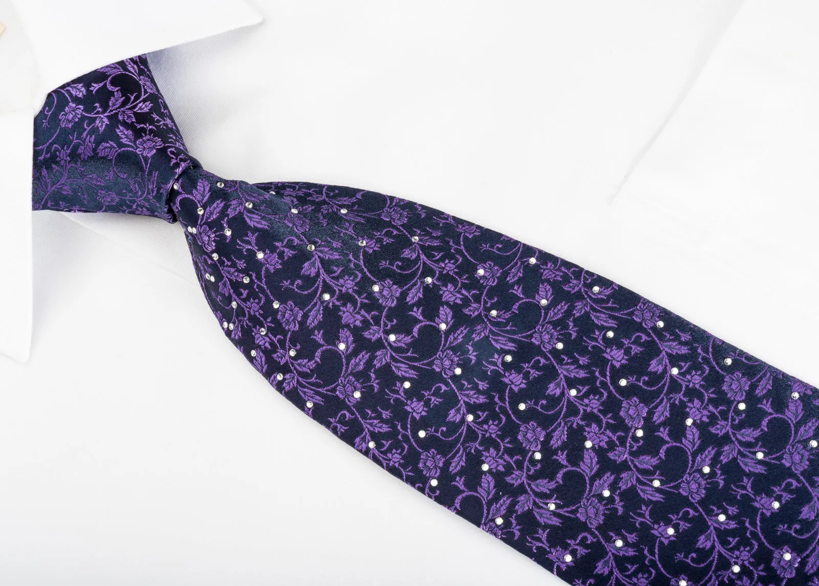 Men's Rhinestone Silk Necktie Floral On Purple With Silver Sparkles