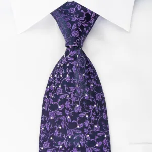 Men's Rhinestone Silk Necktie Floral On Purple With Silver Sparkles