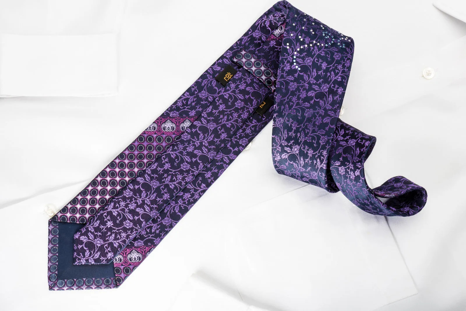 Men's Rhinestone Silk Necktie Floral On Purple With Silver Sparkles