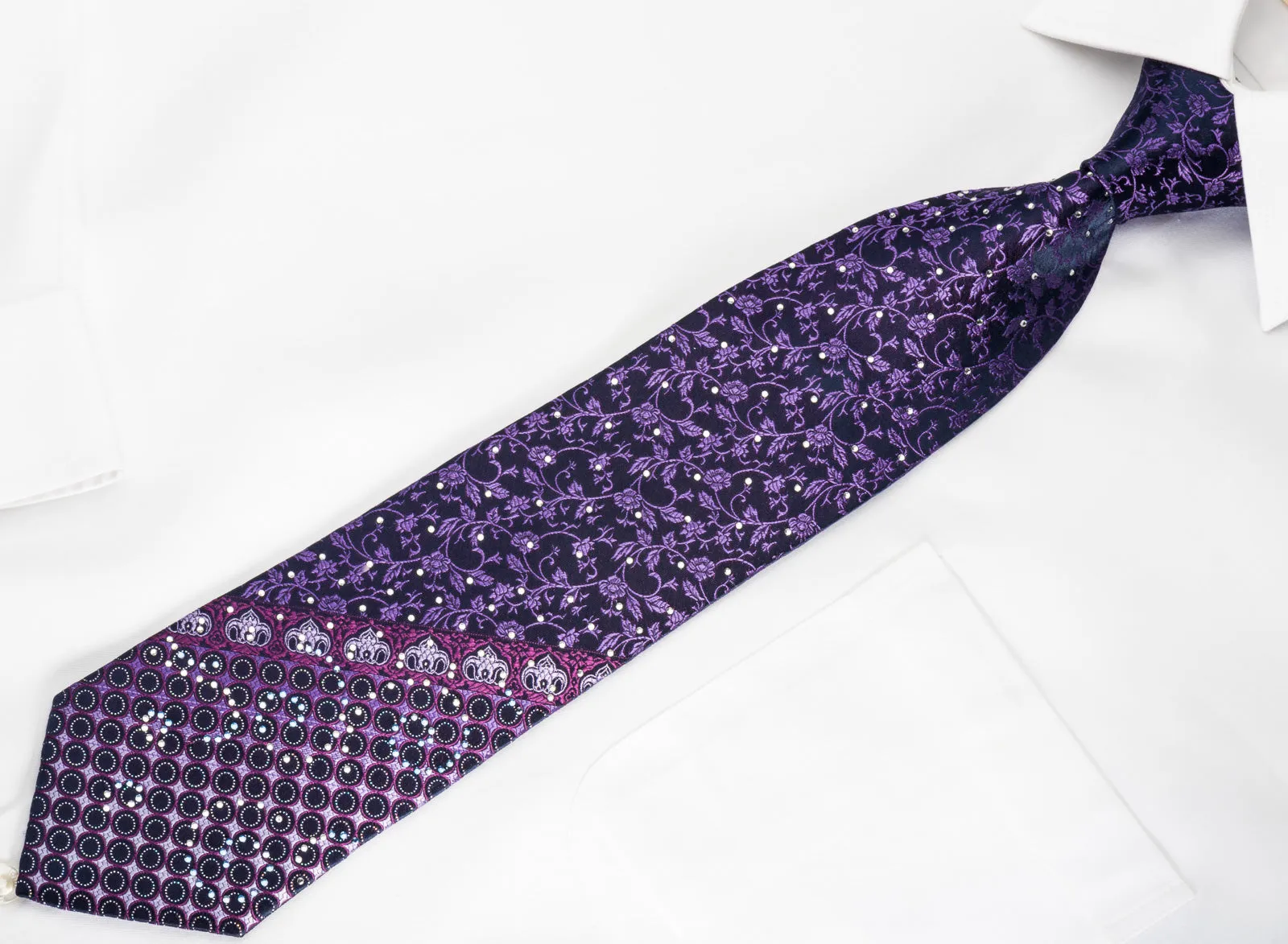 Men's Rhinestone Silk Necktie Floral On Purple With Silver Sparkles