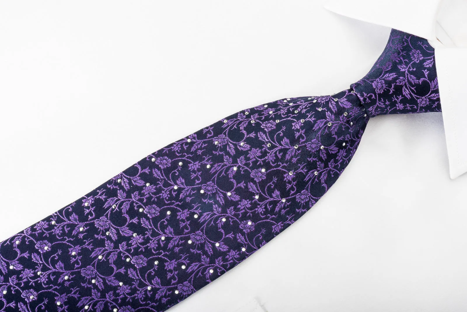 Men's Rhinestone Silk Necktie Floral On Purple With Silver Sparkles