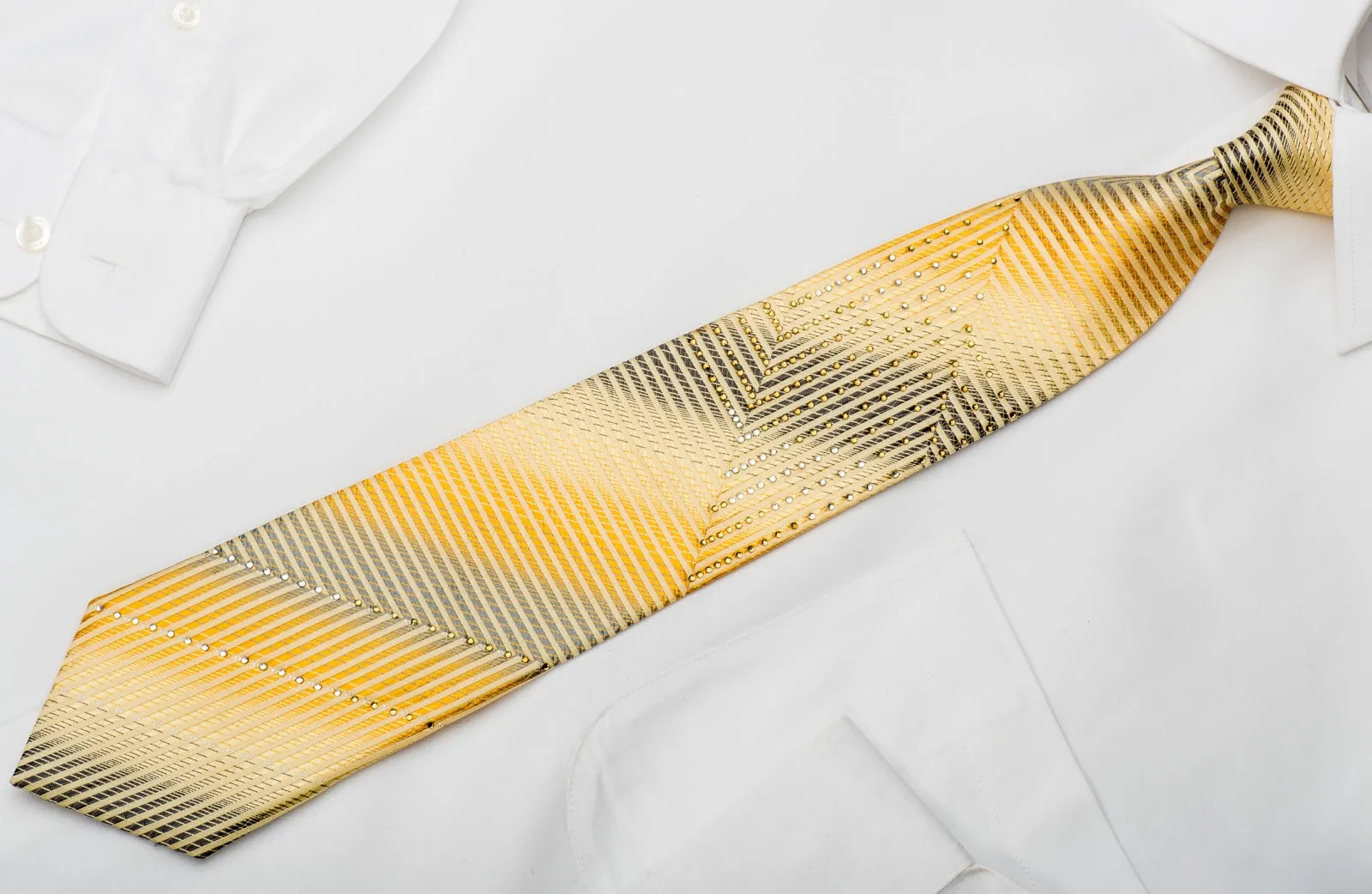 Michiko Koshino Mens Silk Tie Yellow Silver Chevron Striped Sparkling With Rhinestones