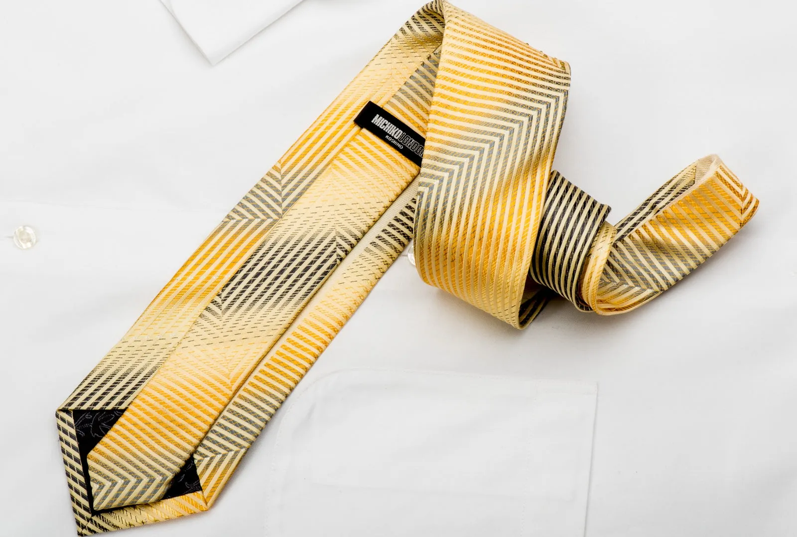 Michiko Koshino Mens Silk Tie Yellow Silver Chevron Striped Sparkling With Rhinestones