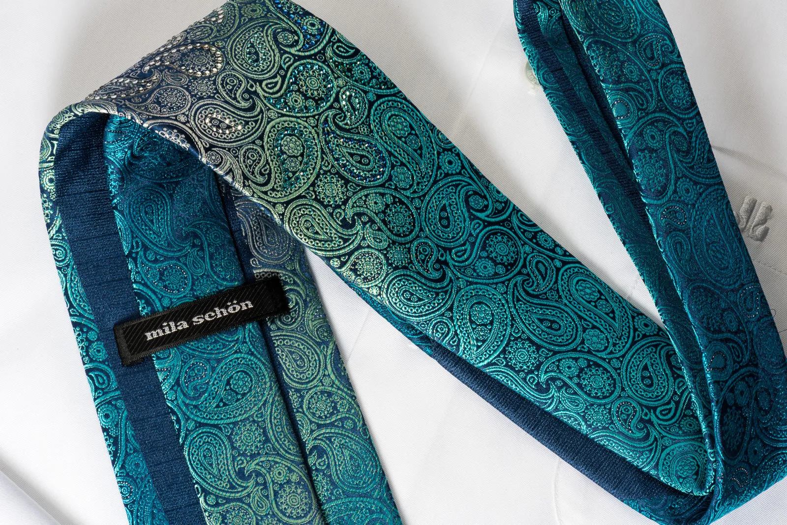 Mila Schon Rhinestone Silk Necktie Turquoise Paisley With Silver Sparkles