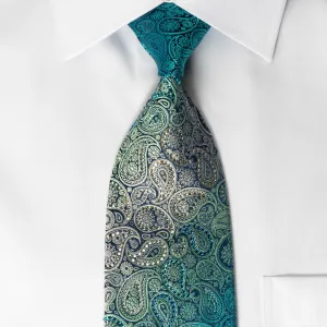 Mila Schon Rhinestone Silk Necktie Turquoise Paisley With Silver Sparkles